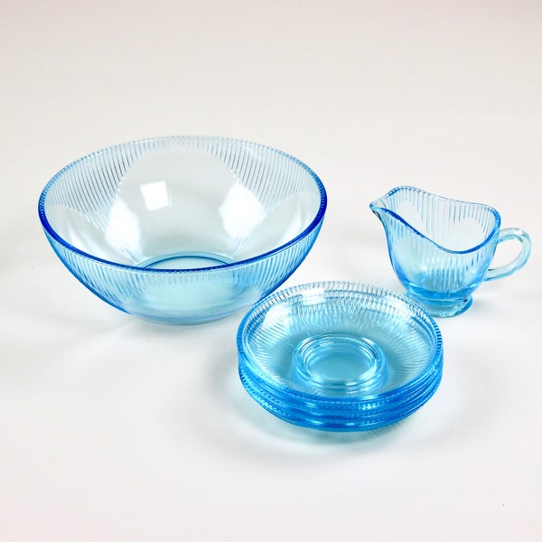 Art Deco glass bowl, plate and jug, pastel turquoise, milk jug, bowl, dessert, salad bowl, vintage tableware