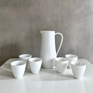 Hutschenreuther carafe with 6 cups, juice jug, white porcelain, Excellence series
