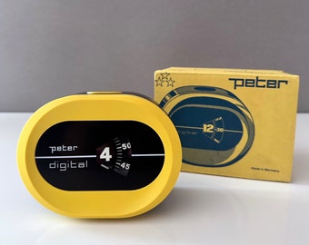 Yellow alarm clock "Peter Germany", Space Age, NOS goods, mechanical clock, desk, 70s alarm clock orig