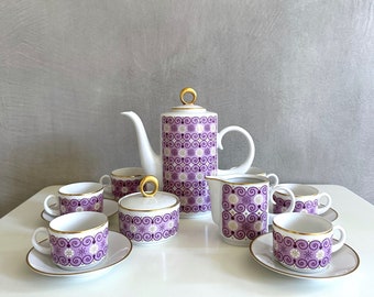 Vintage mocha service, Freiberger Porcelain Diamant, retro tableware, GDR, espresso cups, Astrid Löffler-Lucke, Bauhaus, Mid Century