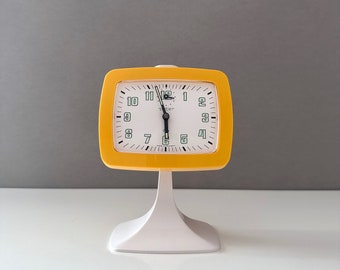Yellow 1970s alarm clock, Peter Wecker, NOS item, table clock with alarm, Atomic clock, Space Age