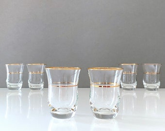 6 small vintage glasses with gold rims, juice glasses, water glasses, 1960s