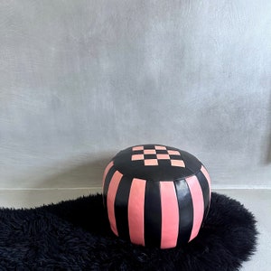 Leather Pouf, Stool, Seat Cushion Leather, Black Pink, Leather Stool