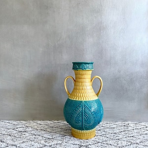 Bay Ceramic Vase 994-50, 60s Floor Vase XL, Large Ceramic Vase, Relief Turquoise Yellow, Westgerman Pottery, Mid Century Germany