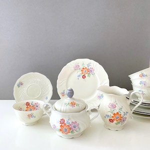Vintage Seltmann Willow Stray Flowers, 4 People, Milk Jug, Sugar Bowl, Plate, Retro Harness