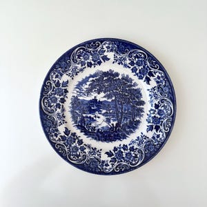 Puede incluir: Un plato redondo de cerámica con un patrón de transferencia en azul oscuro y blanco. El centro representa un paisaje detallado con árboles, un cuerpo de agua y un edificio lejano. El borde ancho está decorado con motivos florales y volutas.