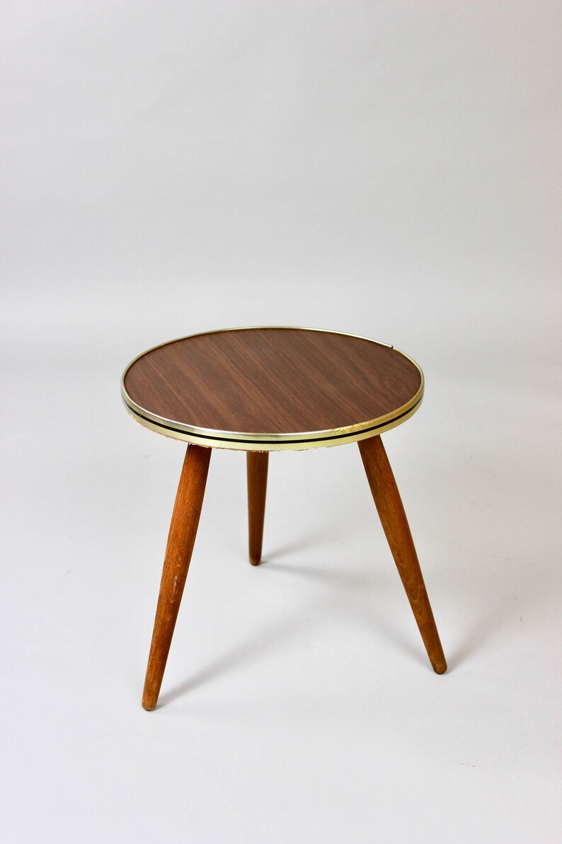 Vintage Flower Stool Fl Table Side Kidney Bedside Brown Wood Structure 60s Rockabilly