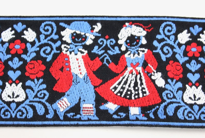 sewing country house home decor Vintage weaving tape retro textile folklore Austria border black blue red decorating costume cushions and much more.