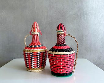 Vintage Scoubidou bottles, wine bottles, wicker-covered bottles, colorful
