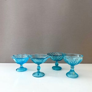 Art Deco pressed glass collection foot bowls turquoise, set of 4