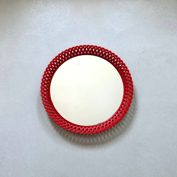 Vintage wall mirror Emsa, round mirror red, original 70s, Germany Pop Art