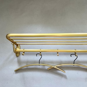 Large coat rack with 3 coat hangers, mid-modern wall coat rack, hat rack, golden coat rack, hook rail hallway, 60s Germany