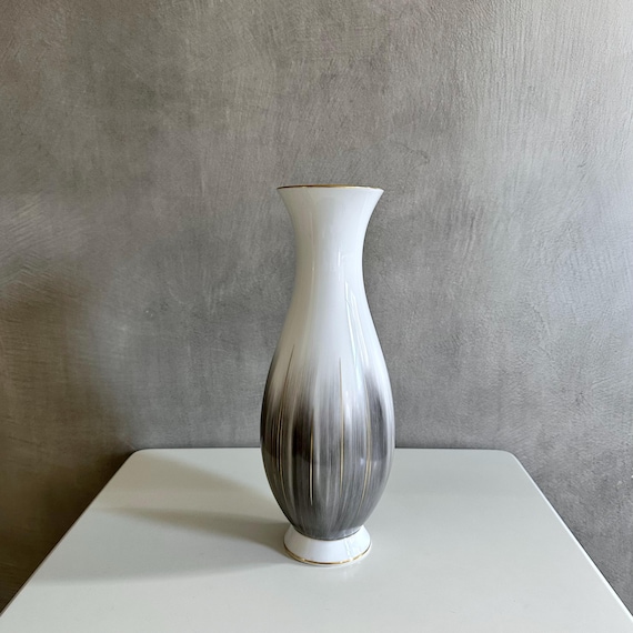 Rosenthal Vase 50er Jahre – Große Porzellanvase 39 cm mit Goldrand & grauem Dekor – Mid Century Vintage Design