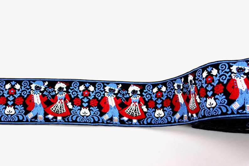sewing country house home decor Vintage weaving tape retro textile folklore Austria border black blue red decorating costume cushions and much more.