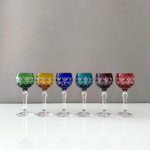 6 small crystal glasses liqueur, schnapps crystal glass, colored vintage glasses, bar accessories