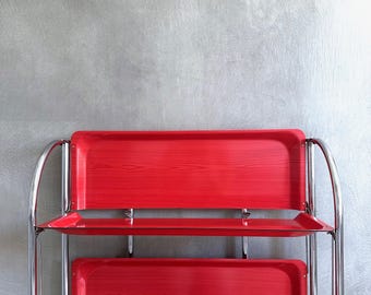 Red serving trolley, vintage tea trolley, rolling table, retro kitchen, bar trolley, mid-century interior