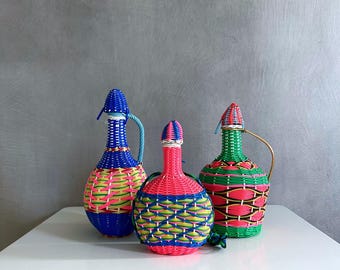 French Scoubidou bottles, wine bottles, vintage basket bottle colorful