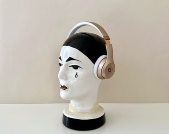 Vintage ceramic head Pierrot, headphone stand, hat stand, Scheurich ceramics 701, sculpture