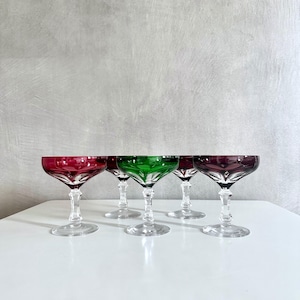 Colored crystal glasses, set of 5 champagne glasses, roman glasses, vintage bar