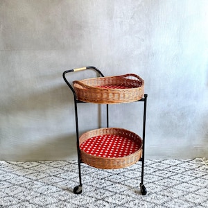 Vintage serving trolley, boho tea trolley, basket trolley, tray trolley