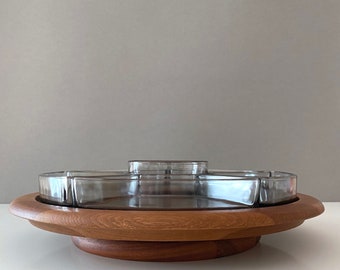 Digsmed Teakholz Tablett Lazy Susan, Mid Century Kabarett, Schalen Set, Drehteller, Danish Design, 60er Jahre