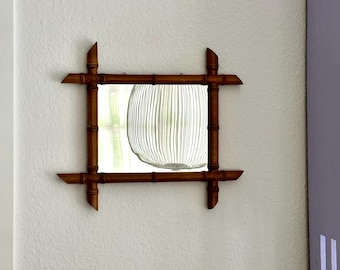 Vintage wooden mirror with bamboo look, wall mirror from France