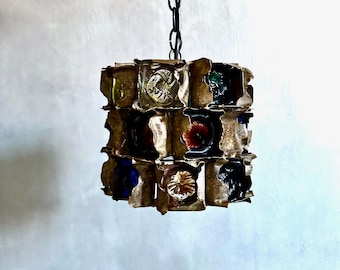 Brutalist pendant lamp by Felipe Delfinger made of metal and stained glass, 1970s
