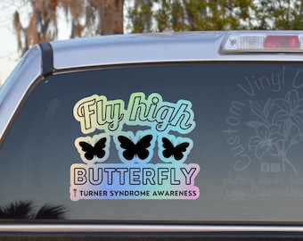 Fly High Butterfly Turner Syndrome Awareness Pastel Rainbow - Self Adhesive Vinyl Decal Sticker - Mom Car Decal - Funny