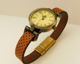 Classic watch for women with perforated leather band. Custom size women's wristwatch. Bronze and leather watch. Handmade watch by JuSal08