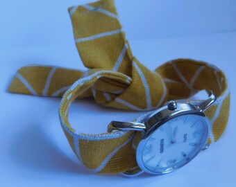 Watch for women with handmade fabric band. Wristwatch for women with textile wristband. Women's watch fabric strap. Unique handmade watch.