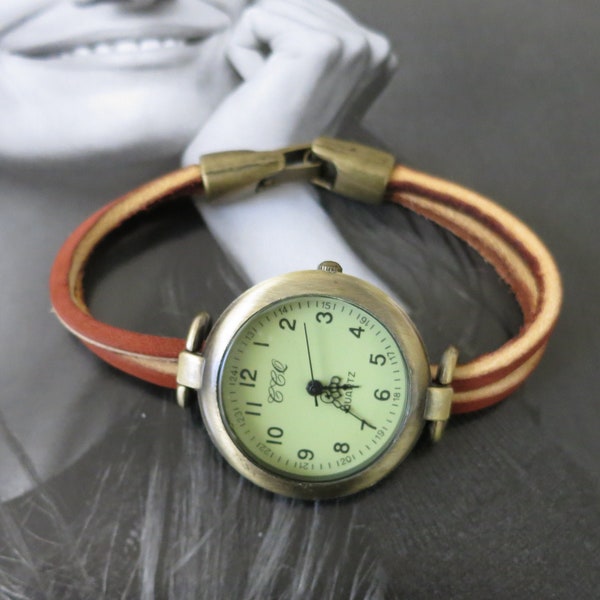 Watch for women. Leather women's watches. Simple watch. Casual watch. Unusual watch. Bronze finish watch. Custom size wristwatch for women.