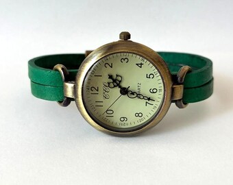 Leather Watch for Women, Bronze Finish, Green Band, Retro Minimalist Style, Custom-sized