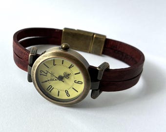 Leather watch for women with custom-sized band. Retro minimalist style.