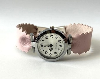 Wristwatch for women, custom-sized pink leather band.