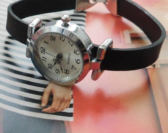 Classic Women's Watch: Black Leather Band, Custom Size
