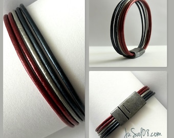 Red White Blue Leather Bracelet, Custom Size, Magnetic Clasp