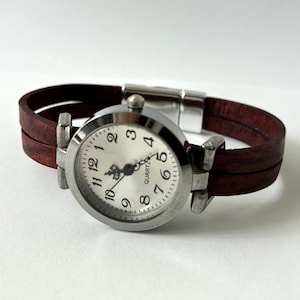 Leather watch for women with custom-sized band. Retro minimalist style.