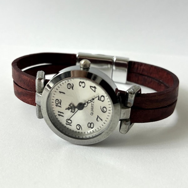 Leather watch for women with custom-sized band. Retro minimalist style.
