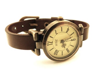 Vintage Style Brown Leather Watch - Aged Bronze Finish