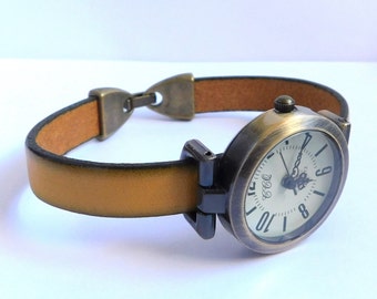 Watch for women leather band, women's leather watch, retro minimalist watch, distressed leather watch, unique design watch by JuSal08
