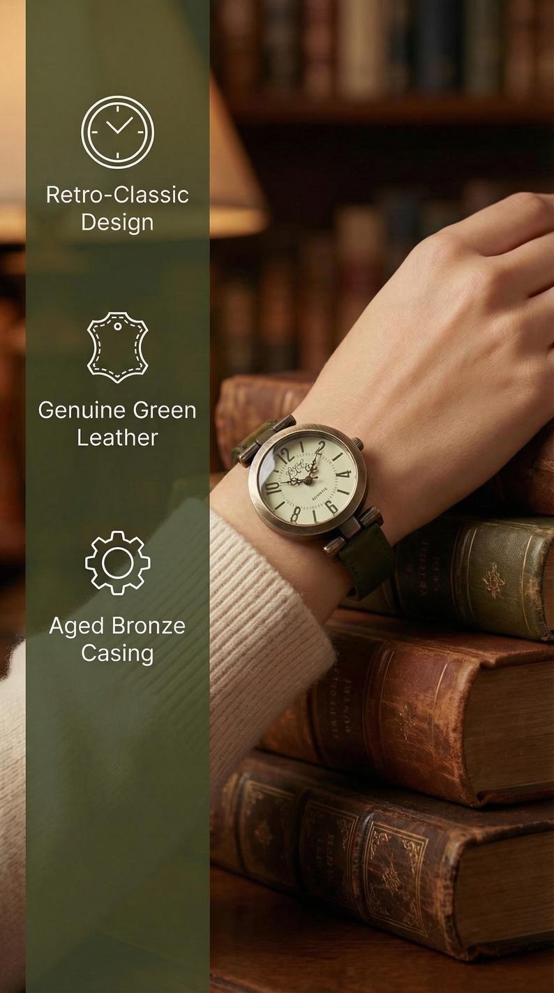 Green leather watch for women with adjustable strap. Retro minimalist women's wristwatch. afbeelding 11