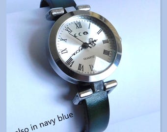 Women's Dark Green Leather Watch: Custom Size, Roman Numerals