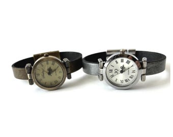 Handmade leather watch for women. Bronze or silver wristwatch. Custom-sized. Magnetic clasp. Retro minimalist timepiece.