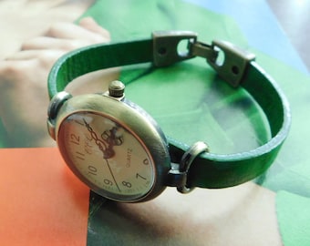 Distressed Green Leather Watch: Retro Minimalist Bronze Finish Custom size band