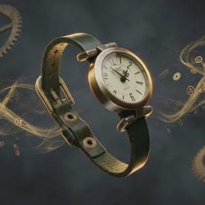 Green leather watch for women with adjustable strap. Retro minimalist women's wristwatch. afbeelding 13