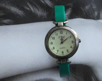 Emerald Green Leather Watch: Bronze finish Women's Wristwatch. Custom size band.