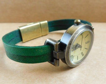 Handmade Green Leather Watch: Custom Size Antique Bronze Wristwatch