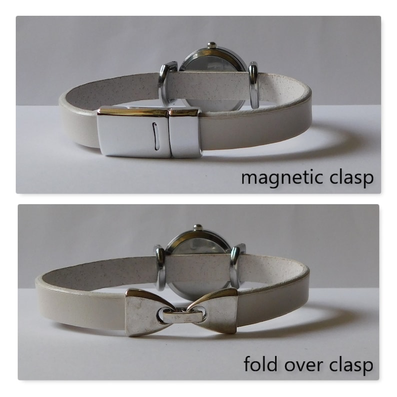 May include: Two white leather watch bands with different clasps. The top band has a magnetic clasp. The bottom band has a fold over clasp.