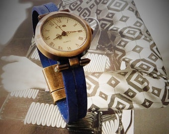 Leather watch for women, leather wristwatch, classic with a  bohemian twist watch, distressed blue leather watch designed by JuSal08