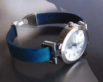 Women's leather watch. Retro minimalist style wristwatch for women with a custom-sized band.
